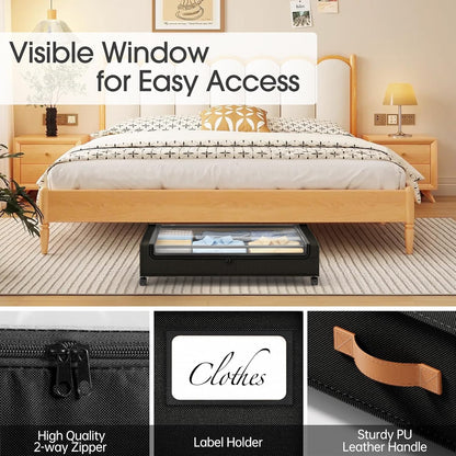 Yecaye Under Bed Storage with Wheels, 2 Pack Under Bed Storage Containers, 60L Underbed Shoe Storage with Clear Window & Label, Rolling Under Bed Metal Drawer for Clothes, Shoes, Books, Blankets
