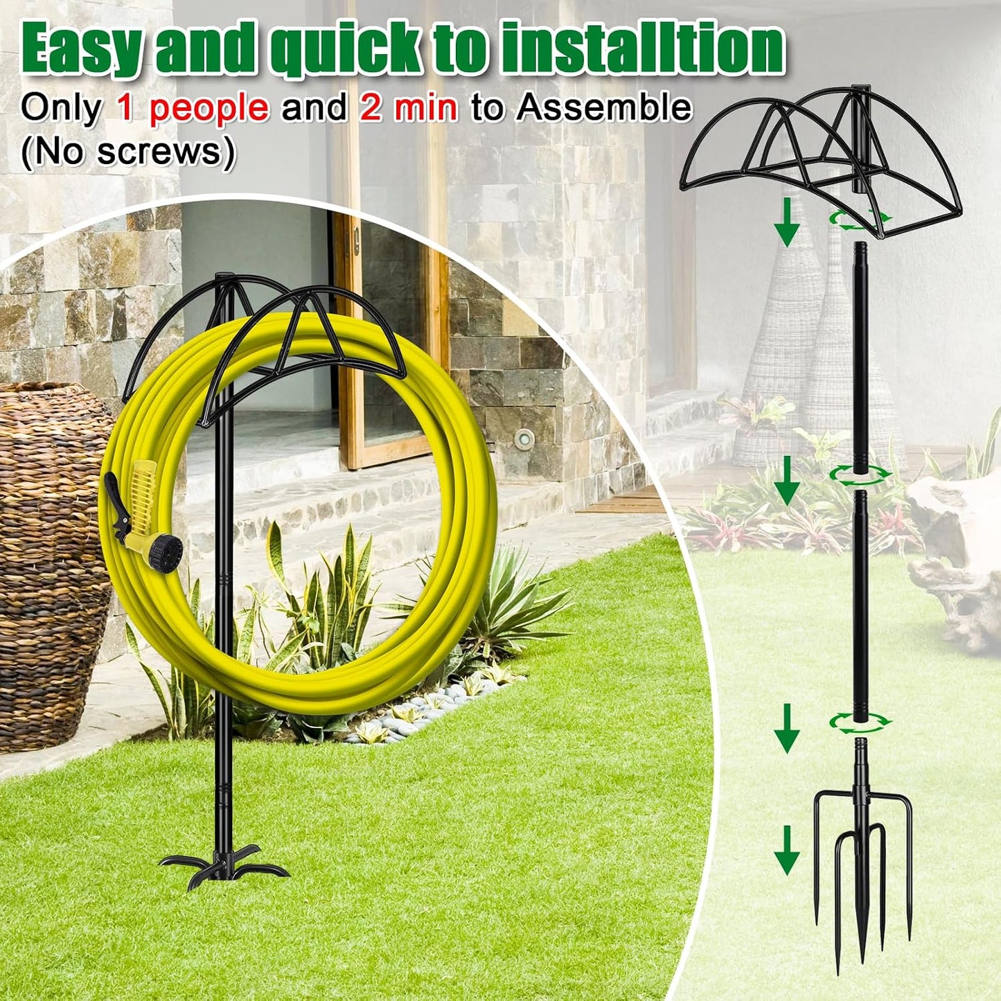 Gtongoko Garden Hose Holder for Outside 43" Heavy Duty Freestanding Water Hose Holder with 4 Stable Spikes Metal Hose Stand Holds Up to 150FT Hose & 44LB Detachable Hose Storage for Yard Lawn Patio