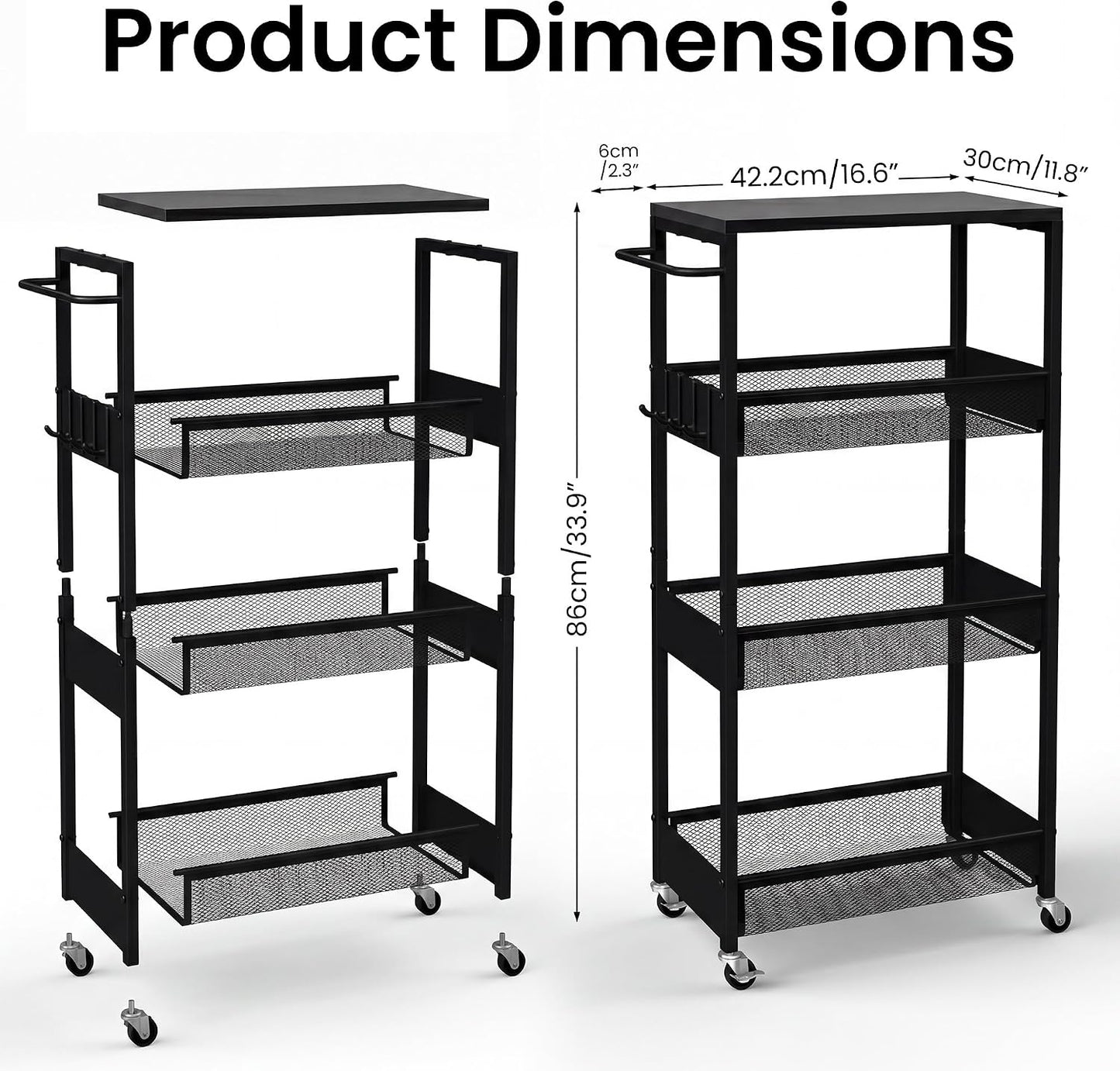 Vincona 7.1" Wide Slim Storage Cart on Wheels, 4 Tier Metal Narrow Rolling Cart with Handle and Wood Top, Multifunctional Small Mobile Shelf Unit Organizer Trolley for Laundry, Bathroom, Kitchen
