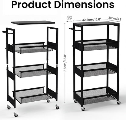 Vincona 7.1" Wide Slim Storage Cart on Wheels, 4 Tier Metal Narrow Rolling Cart with Handle and Wood Top, Multifunctional Small Mobile Shelf Unit Organizer Trolley for Laundry, Bathroom, Kitchen