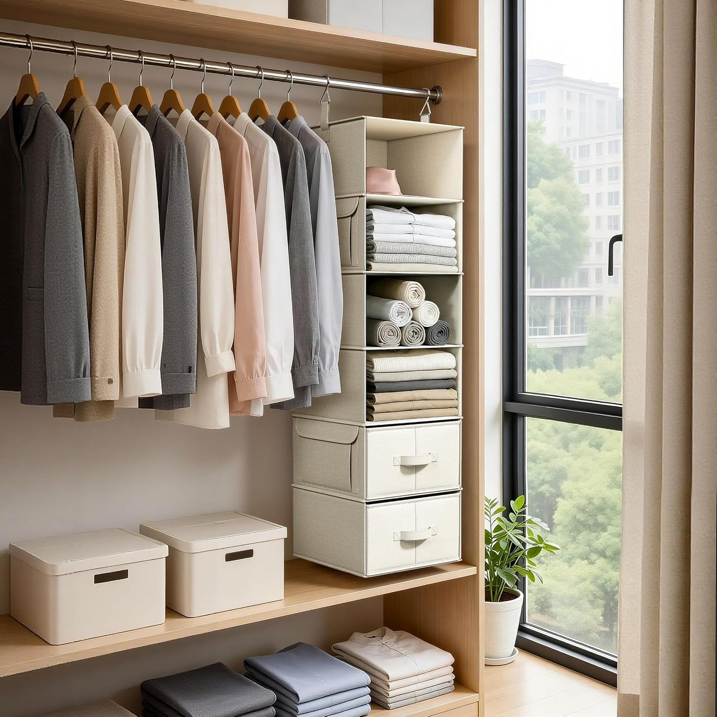 Vailando 6-Shelf Hanging Closet Organizer with 3 Drawers, 2 Separable 3-Shelf Closet Organizers and Storage for Wardrobe Organization, Hanging Dresser for Nursury & Dorm Clothes Organizer
