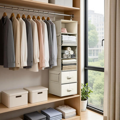Vailando 6-Shelf Hanging Closet Organizer with 3 Drawers, 2 Separable 3-Shelf Closet Organizers and Storage for Wardrobe Organization, Hanging Dresser for Nursury & Dorm Clothes Organizer