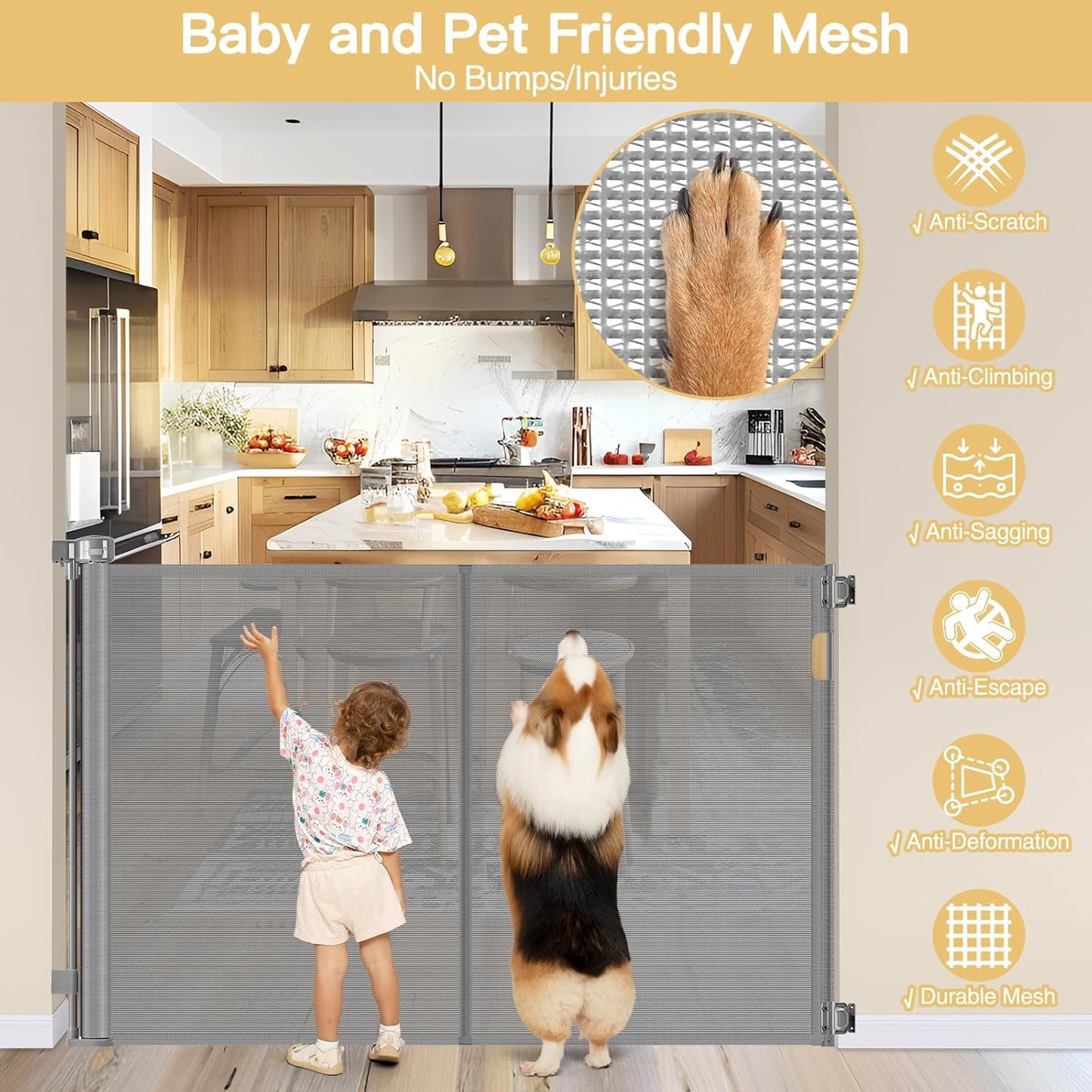 Newly Enhanced - 42" Tall × 120" Extra Wide Retractable Baby Gate Keeps Pets from Getting Under Tall Dog Gate, Indoor/Outdoor Baby Gates for Dogs, Retractable Dog Gate for Large Openings, White