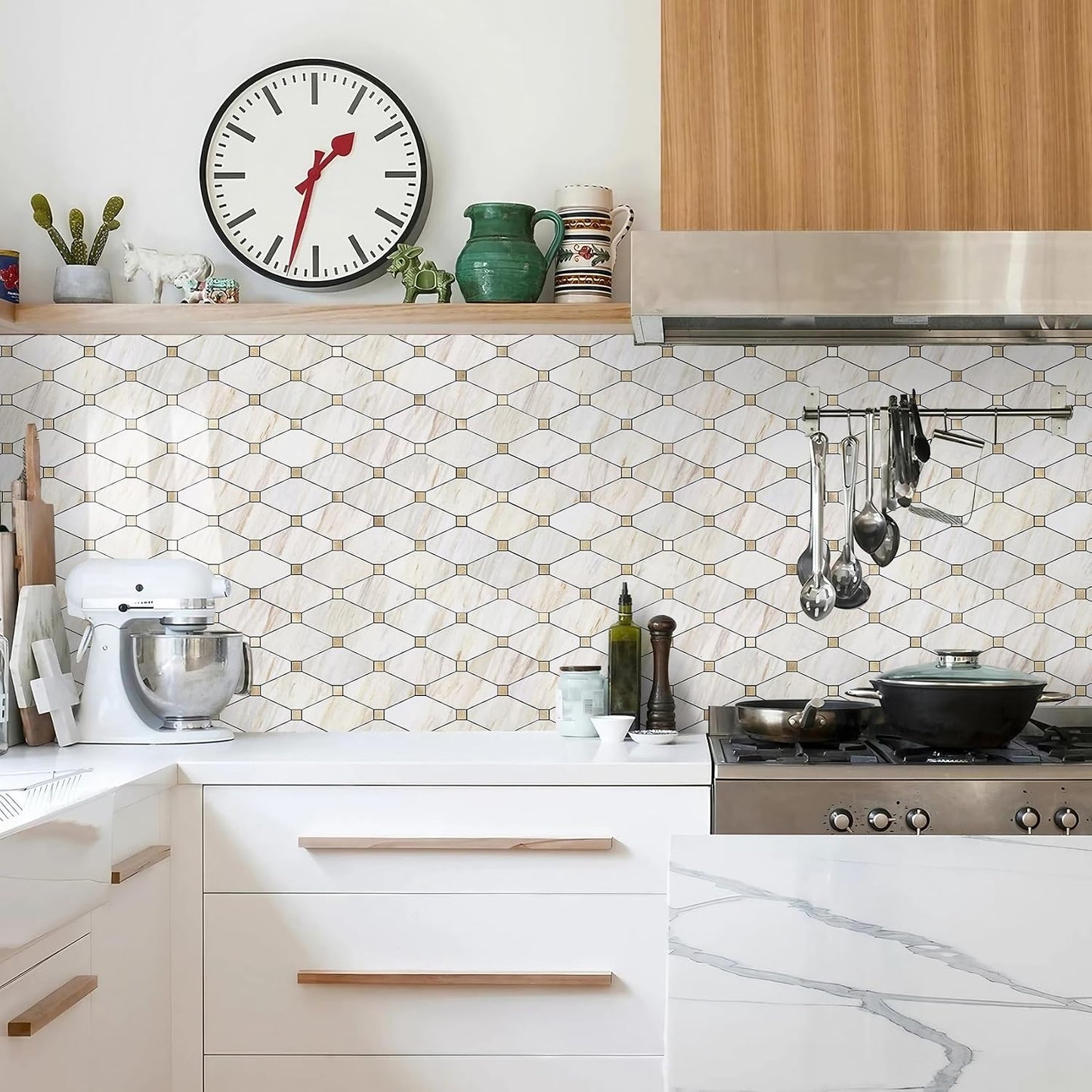 STICKGOO 10 Sheets Peel and Stick Backsplash, Polished Dolomite PVC Mixed Metal Gold Kitchen Backsplash, Stick on Backsplash Wall Tiles for Kitchen, Bathroom, RV