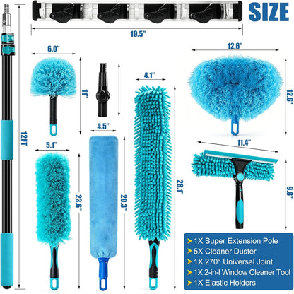 FIDISP 20FT High Ceiling Duster Kit, 4.5–12ft Heavy Duty Extension Pole, 9PCS with Hooks, Telescoping Duster, Fan Cleaner & Web Brush, Commercial/Home Use for Windows, Fans, Ceilings & Outdoor