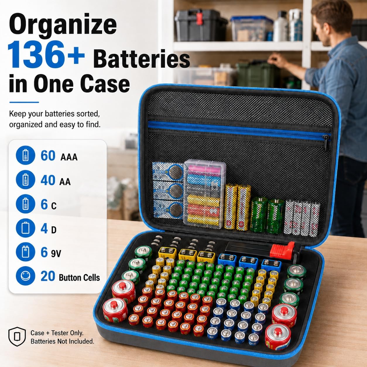 ALKOO 136+ Battery Organizer Storage Case with BT-168 Tester | AA AAA C D 9V & Button Cells Batteries Holder Box, Foam Protection, Home / Garage / Drawer Organization, Case Only, Red
