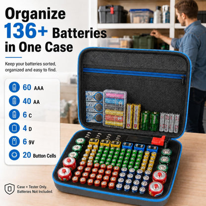 ALKOO 136+ Battery Organizer Storage Case with BT-168 Tester | AA AAA C D 9V & Button Cells Batteries Holder Box, Foam Protection, Home / Garage / Drawer Organization, Case Only, Red