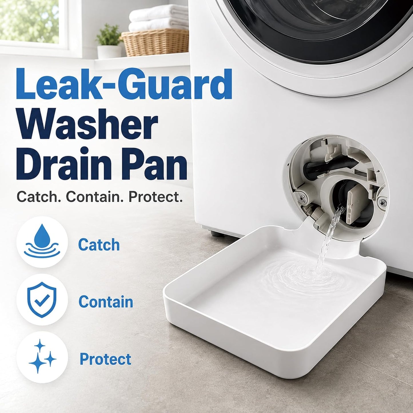 2027 Universal Front-Load Washing Machine Drain Pan - Washing Machine Drainage Tray for Basements, Apartments, Garages, Rentals, Easy Installation (Gray)