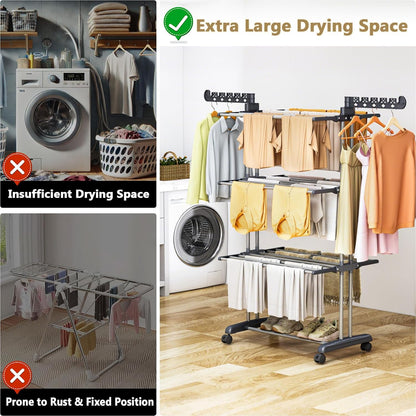 PurKeep 𝐔𝐩𝐠𝐫𝐚𝐝𝐞 Clothes Drying Rack with Wheels, 4 Tier Folding Drying Rack, Heavy Duty Laundry Drying Rack with Expandable Side Wings, Indoor Outdoor Clothes Air Drying Rack for Large Family