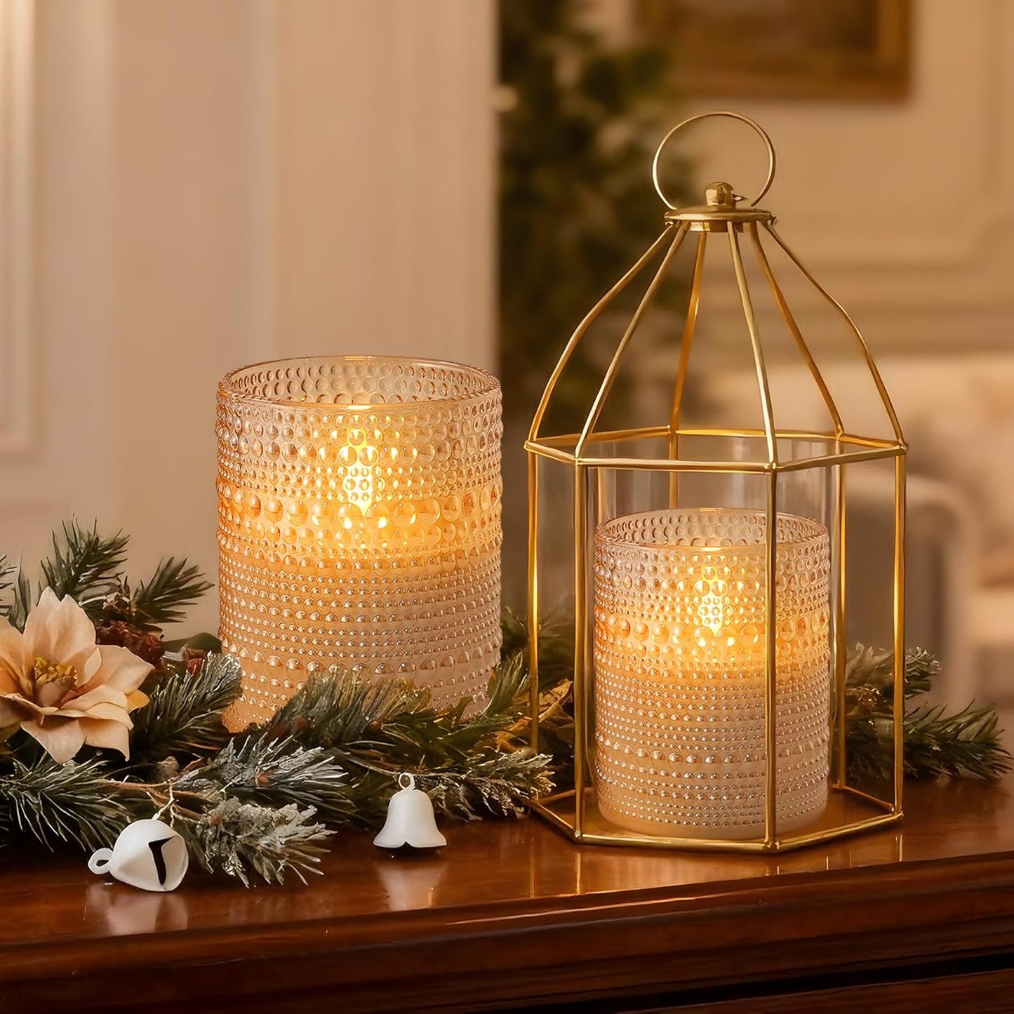 Dotted Glass Flameless Candles with Remote Timer, Real Wax Battery Operated LED Pillar Candles with 3D Flickering Flame for Festival Wedding Home Party Decor, 3" x 4", 4" x 5", Set of 2 (White)
