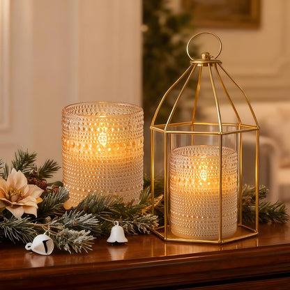 Dotted Glass Flameless Candles with Remote Timer, Real Wax Battery Operated LED Pillar Candles with 3D Flickering Flame for Festival Wedding Home Party Decor, 3" x 4", 4" x 5", Set of 2 (White)
