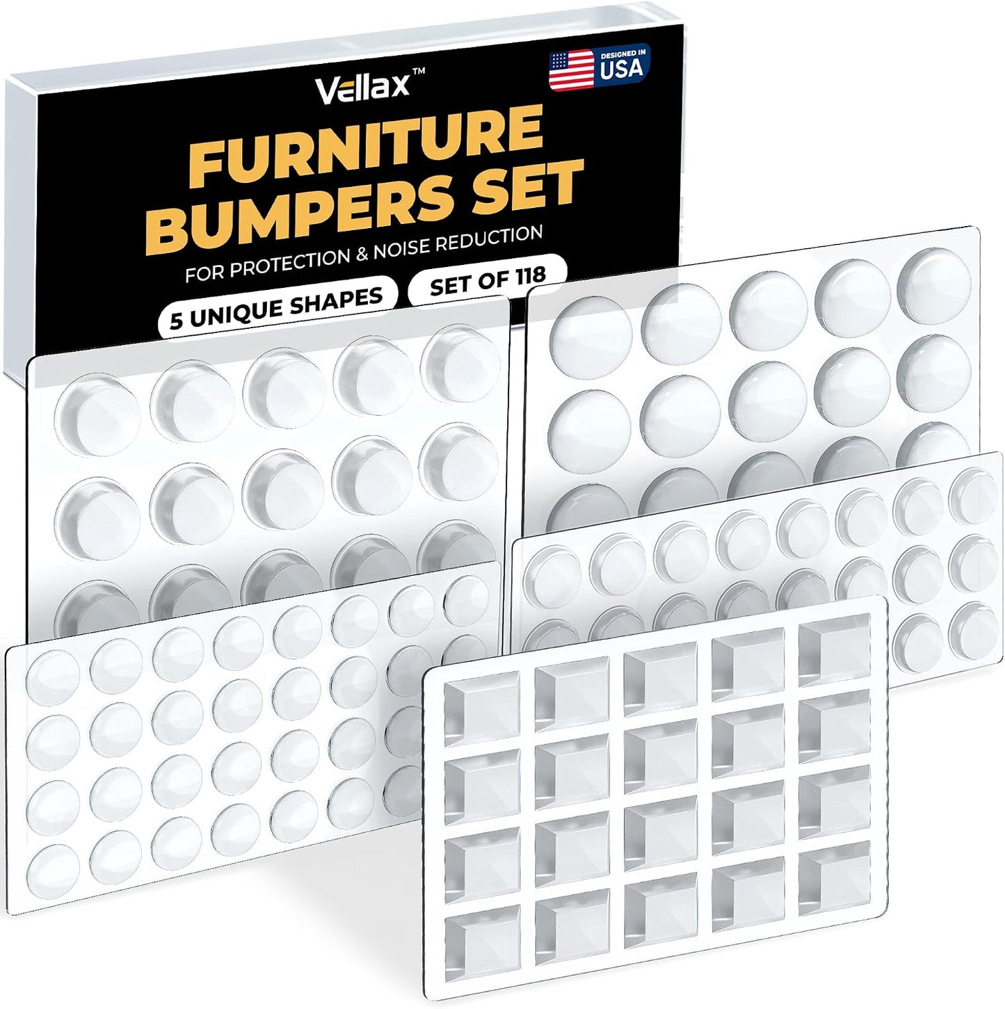 128 Clear Cabinet Bumper Pads – Self-Adhesive Silicone Set with 5 Unique Shapes for Doors, Drawers & Furniture – Premium Sound Dampening Pads for Surface Protection