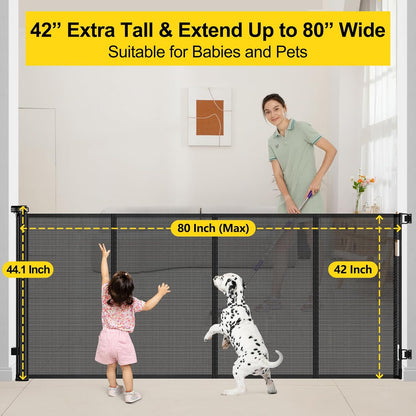 Reinforced 42” Extra Tall Retractable Baby Gates with Rods, Extends up to 60” Wide, Tall Retractable Dog Gate for Doorways Prevent Crawling Through Mesh Pet Gate Indoor Outdoor, Black