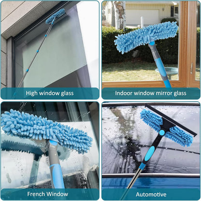 20+ Feet Reach Blue 2 in 1 Window Washing Squeegee & Duster with 3-14 ft Spliceable Extension Pole // Window Cleaning Tool & Window Washer Squeegee for Home Indoor Outdoor Window Washing