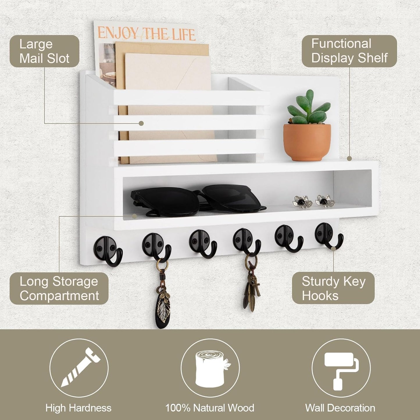 Key and Mail Holder Wall Mount, Key Hanger with Long Storage Box and 5 Hooks for Coat, Dog Leash, Home Decor Rack, House Accessories, Entry Way Organizer 11.8”W x 7.8”H x 3.2”D