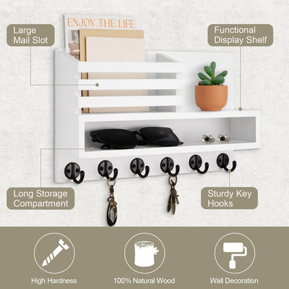 Key and Mail Holder Wall Mount, Key Hanger with Long Storage Box and 5 Hooks for Coat, Dog Leash, Home Decor Rack, House Accessories, Entry Way Organizer 11.8”W x 7.8”H x 3.2”D