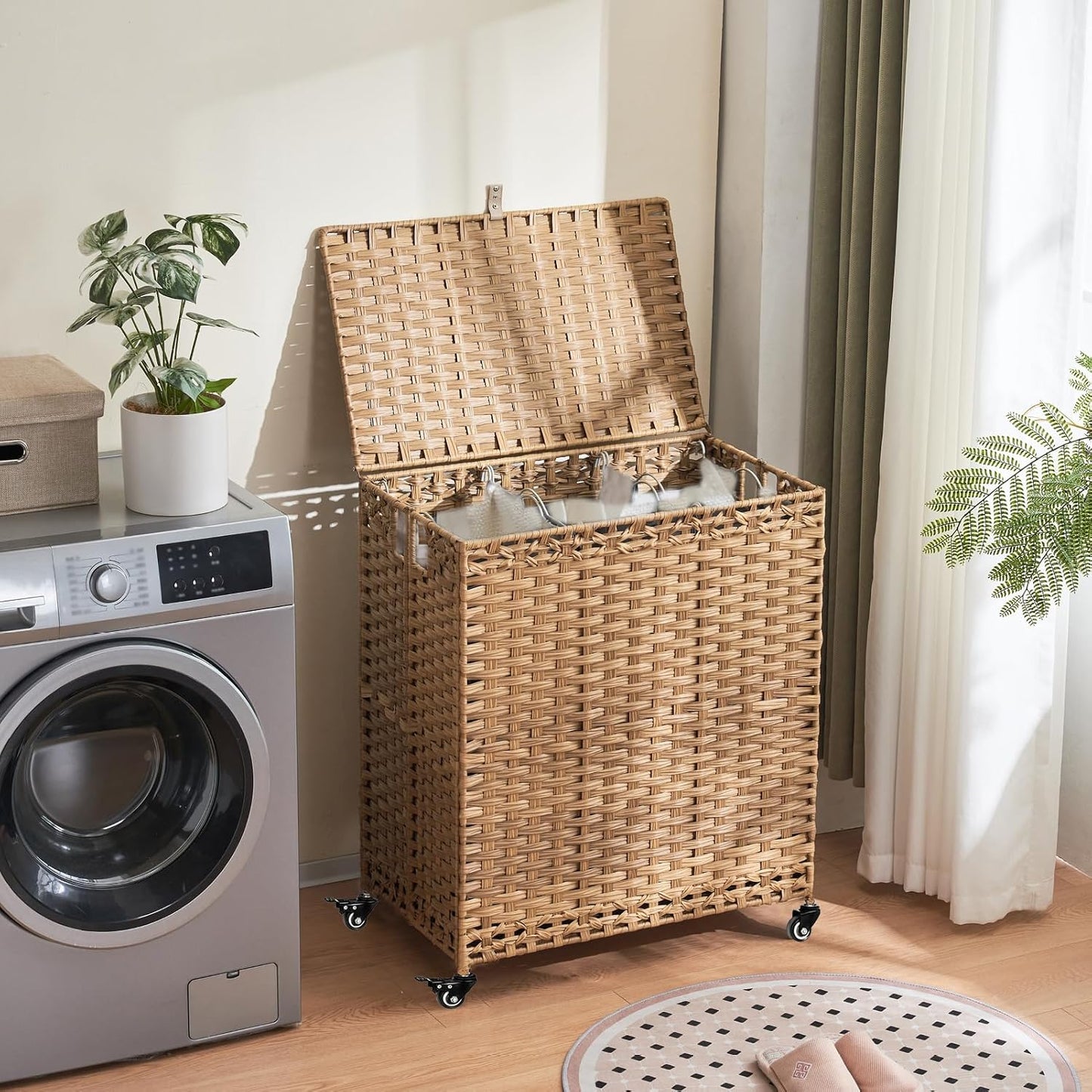 Laundry Hamper with Wheels&Lid, 50.2 Gallons(190L) Rolling Laundry Basket with Wheels, 3-Section Laundry Hamper, Handwoven Rattan Clothes Hamper with 6 Removable Liner& 3 Mesh Laundry Bags, Grey