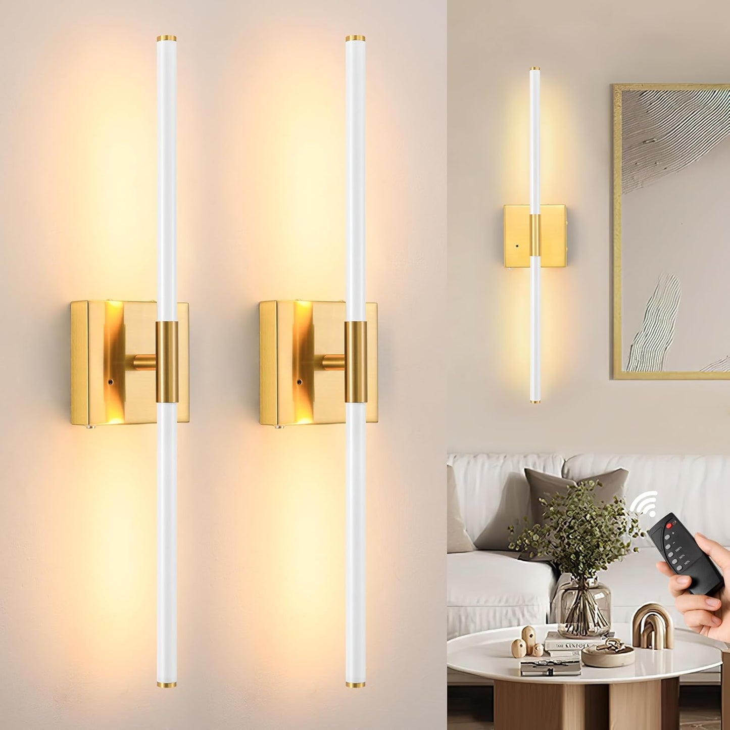Morauroral Battery Operated Wall Sconces Set of 2, 10000mAh Rechargeable Sconces, 3000K-6000K Dimmable LED Wall Lamp with Remote, 24 Inch Black Gold Wireless Wall Lights for Bedroom, Living Room