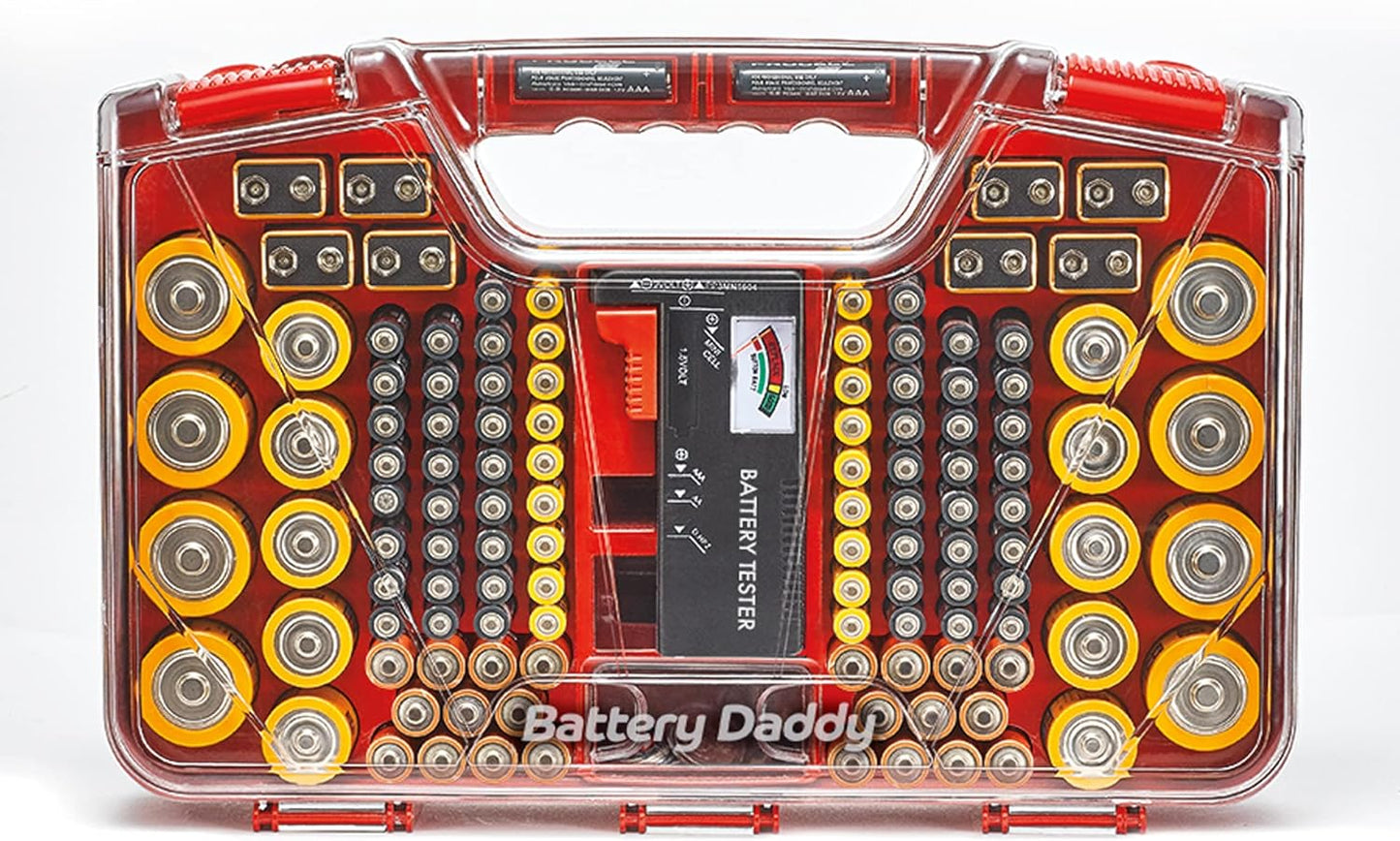 Battery Daddy Storage & Organizer Case with Tester, Stores & Protects Up to 180 Batteries, Double-Sided, Clear Locking Lid, Secure Latches & Portable Carrying Handle - White (Batteries Not Included)
