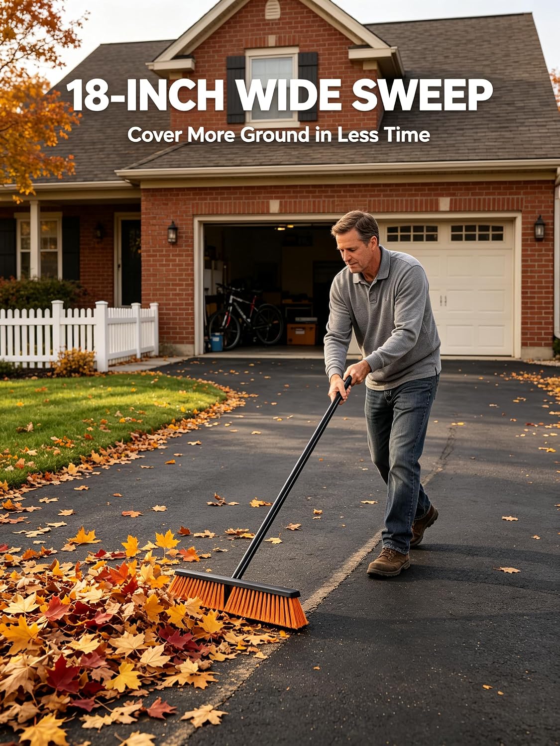 Push Broom, Outdoor Broom, Push Broom Outdoor for Garage, Deck (Orange) | 18‑inch stiff bristle head works as garage, shop & industrial broom for concrete, decks, patios. Ergonomic handle + hook