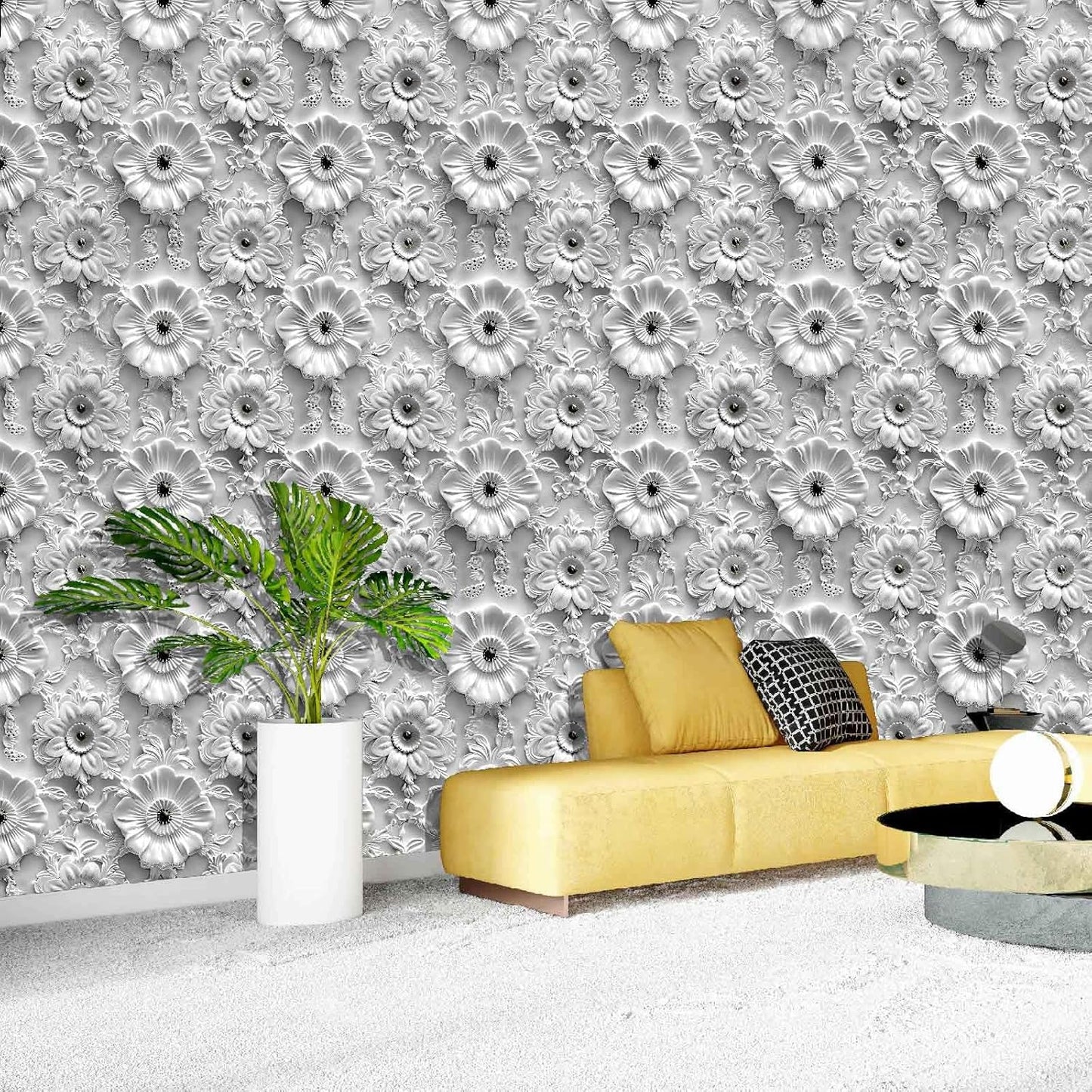Grey White Floral Peel and Stick Wallpaper Modern Removable Self Adhesive Vinyl Contact Wall Paper with Printed 3D Visual Effect Flowers for Bedroom Bathroom Living Room 17.7" X 70.8"