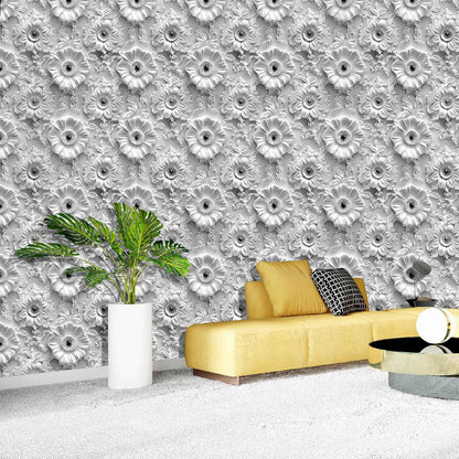 Grey White Floral Peel and Stick Wallpaper Modern Removable Self Adhesive Vinyl Contact Wall Paper with Printed 3D Visual Effect Flowers for Bedroom Bathroom Living Room 17.7" X 70.8"