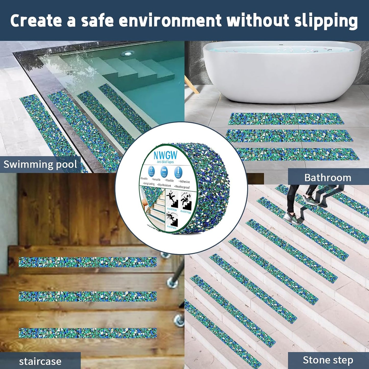 Waterproof Tape for Pools, 2" x15FT Heavy Duty Anti Slip Stair Treads Outdoor Tape Non-Slip Rubber Grip Tape Shower Strips Slip Resistant Tape Traction Tape for Stairs Showers Bathroom Trails