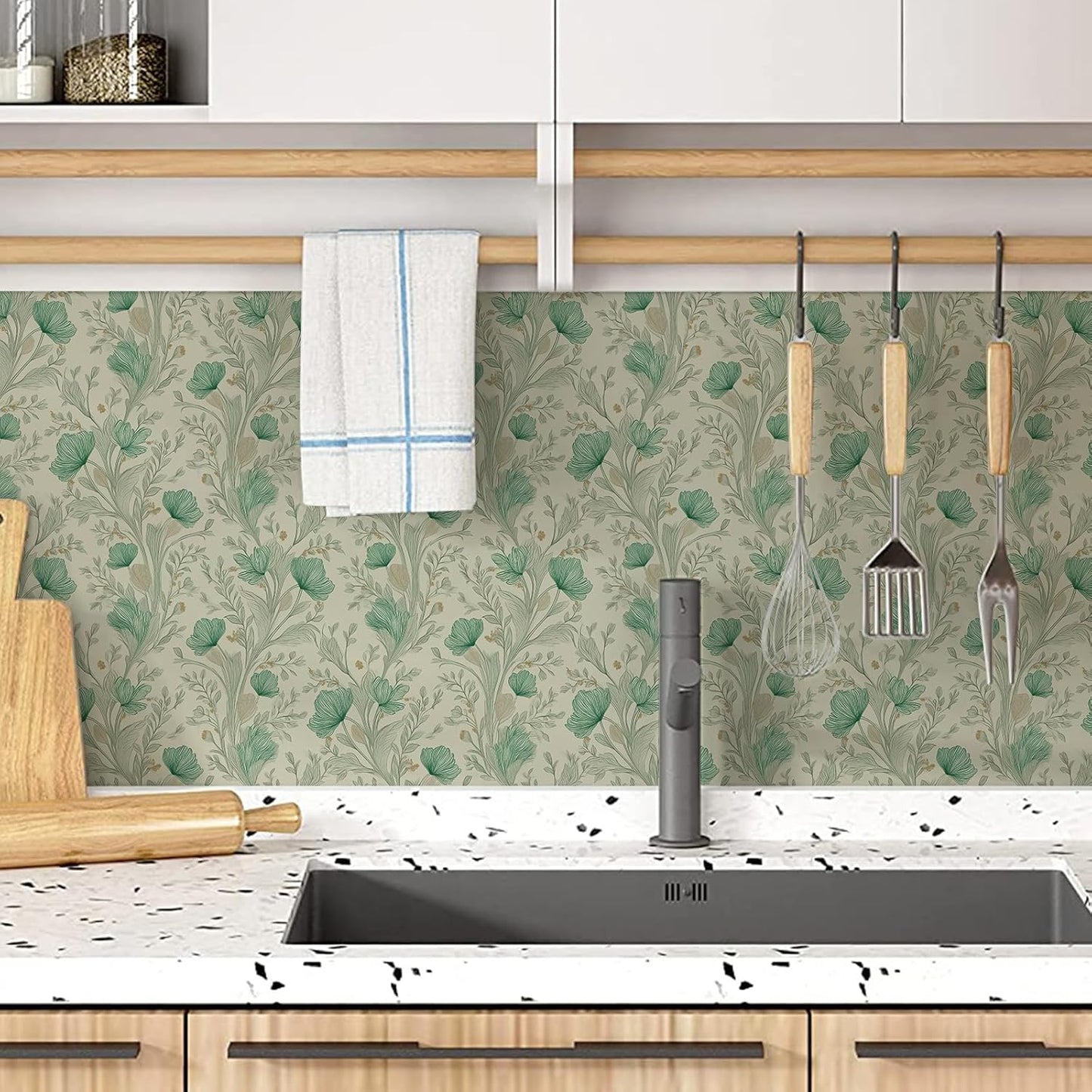 Peel and Stick Wallpaper, Self - Adhesive Removable Light Beige with Green Flowers Pattern, PVC Contact Paper for Bedroom/Living Room/Kitchen/Bathroom/Cabinet, Renter Friendly, 17.7inx118in