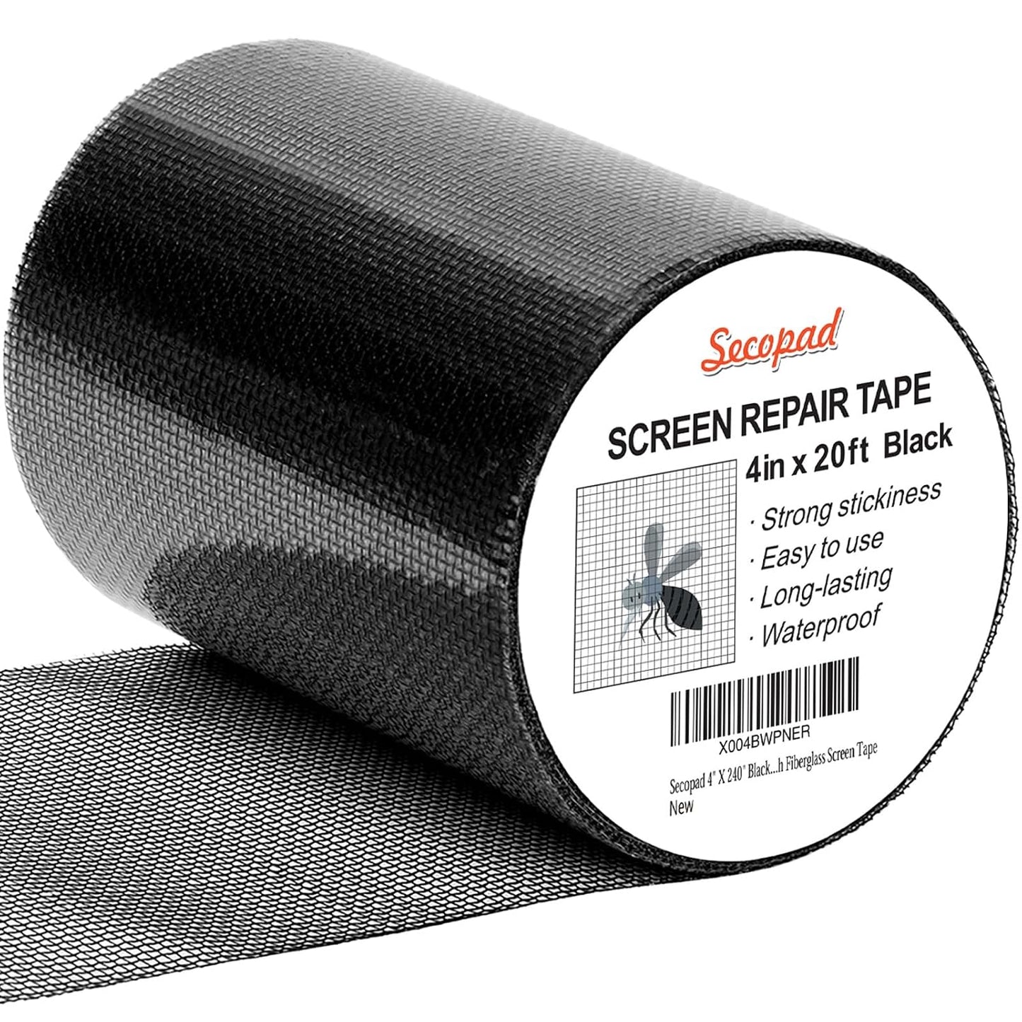 Secopad Black Window Screen Repair Tape, 4 in X 20 FT (240IN) Kit for Windows or Doors, Strong Adhesive Patch Fiberglass Mesh Repair