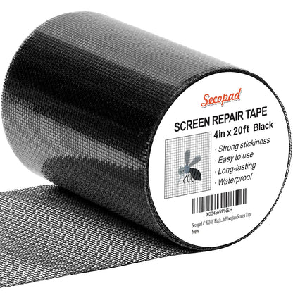 Secopad Black Window Screen Repair Tape, 4 in X 20 FT (240IN) Kit for Windows or Doors, Strong Adhesive Patch Fiberglass Mesh Repair