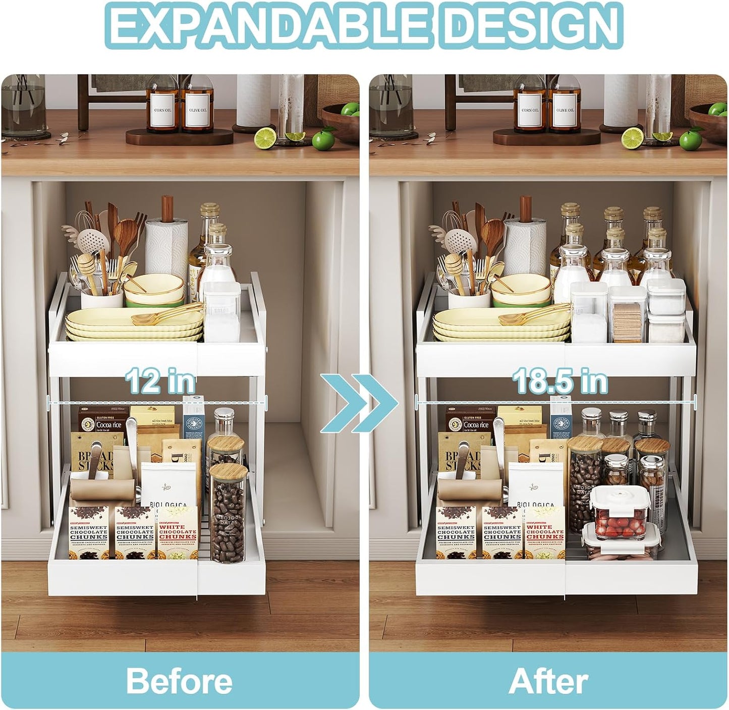 Golener 2-Tier Expandable Pull Out Cabinet Organizer - Slide Out Drawers for Kitchen Cabinets, Bathroom Organizers and Storage, Under Sink Organizer for Kitchen Storage Organization, White Metal Frame