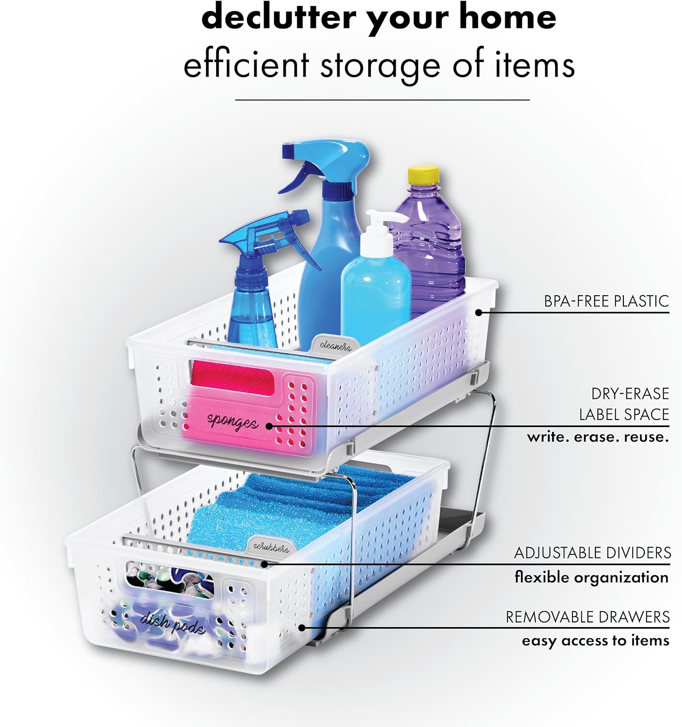 madesmart 2 Tier Bath Organizer,Undersink Storage with Sliding Drawers,for Cleaning Supplies, Pantry, Sponges,Bottles&Kitchen Essentials,Adjustable Dividers&Pull Out Sliding Baskets,Frost, (Pack of 2)
