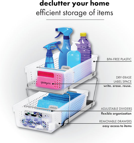 madesmart 2 Tier Bath Organizer,Undersink Storage with Sliding Drawers,for Cleaning Supplies, Pantry, Sponges,Bottles&Kitchen Essentials,Adjustable Dividers&Pull Out Sliding Baskets,Frost, (Pack of 2)