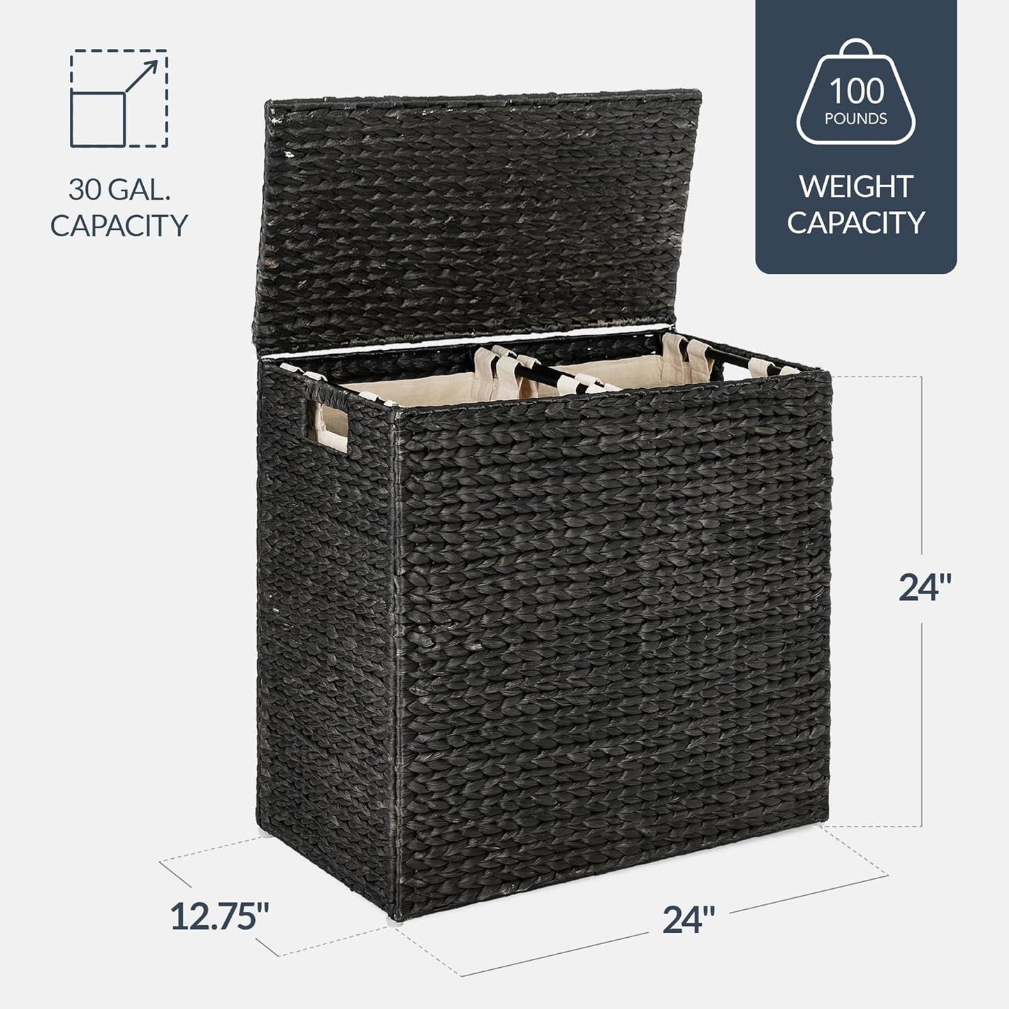 Best Choice Products Large Double Laundry Hamper with Lid, Natural Handwoven Water Hyacinth, 2 Sections w/ 2 Machine Washable Linen Liner Bags, Portable, Handles - Natural