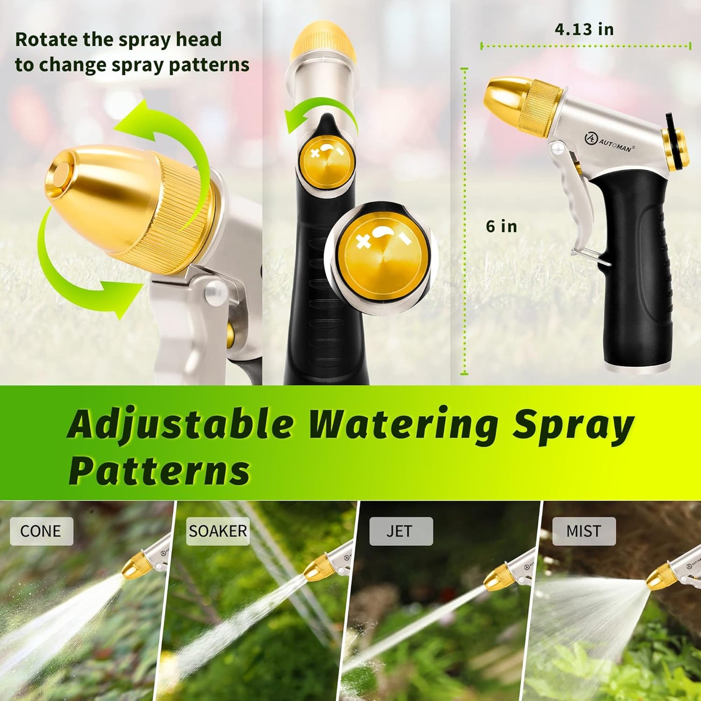 AUTOMAN Garden Hose Nozzle Sprayer - High Pressure 100% Metal Water Spray Nozzle With 4 Patterns - Heavy Duty for Watering Plants, Lawns, Washing Cars & Pets
