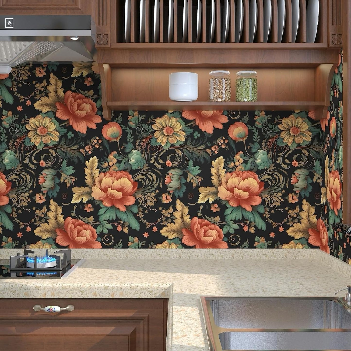 BOKEBEVE Watercolour Floral Peel and Stick Wallpaper Boho Vibrant Contact Paper Renter Friendly Wall Paper for Countertop Cabinet Wall Shelf Liner Removable Blue Colorful 17.5 x 118In