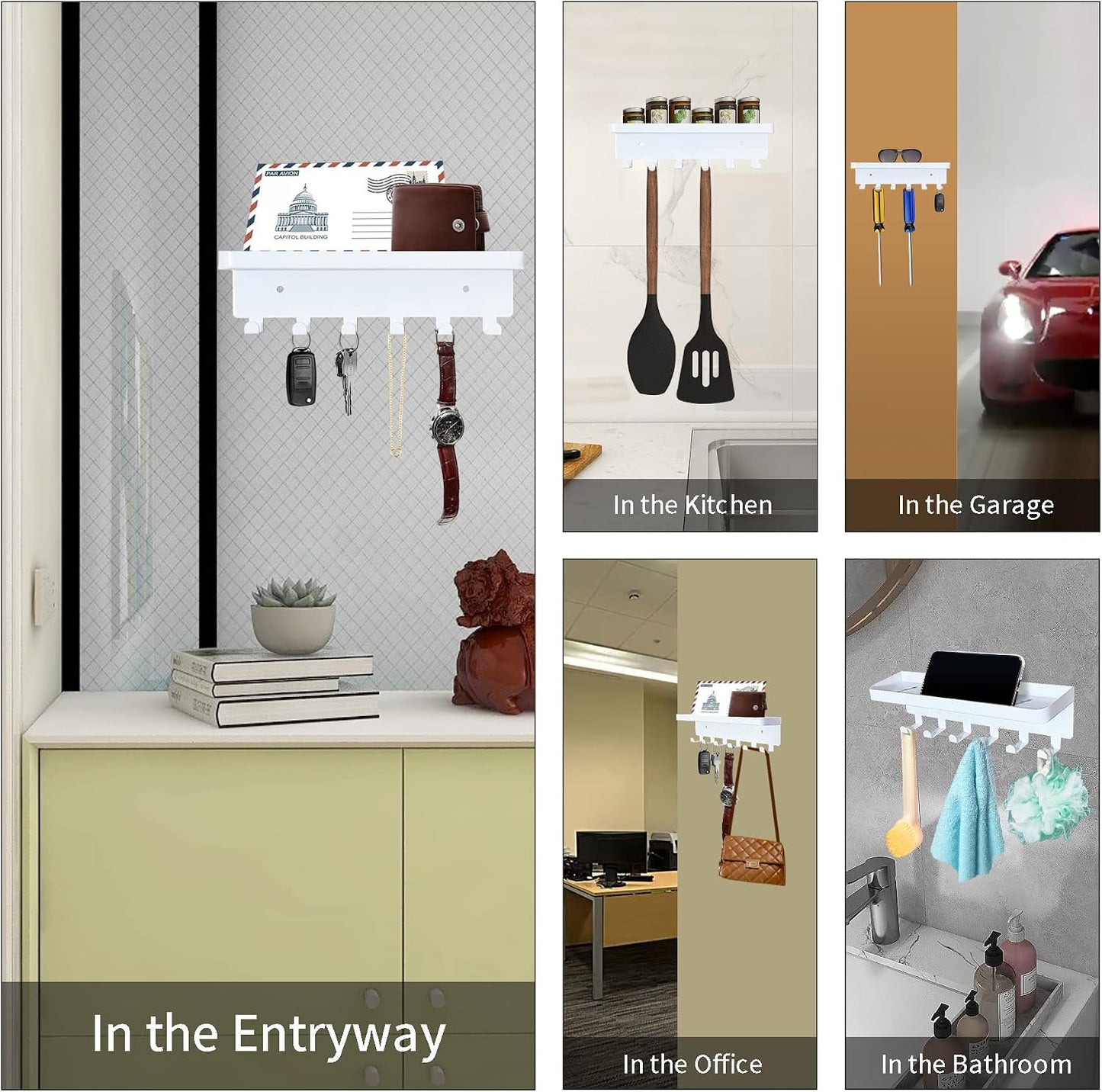 GTK Key Holder for Wall, Key Hooks with 6 Hooks, Wall Mounted Key Holder for Hallway, Self Adhesive Key Rack(White)