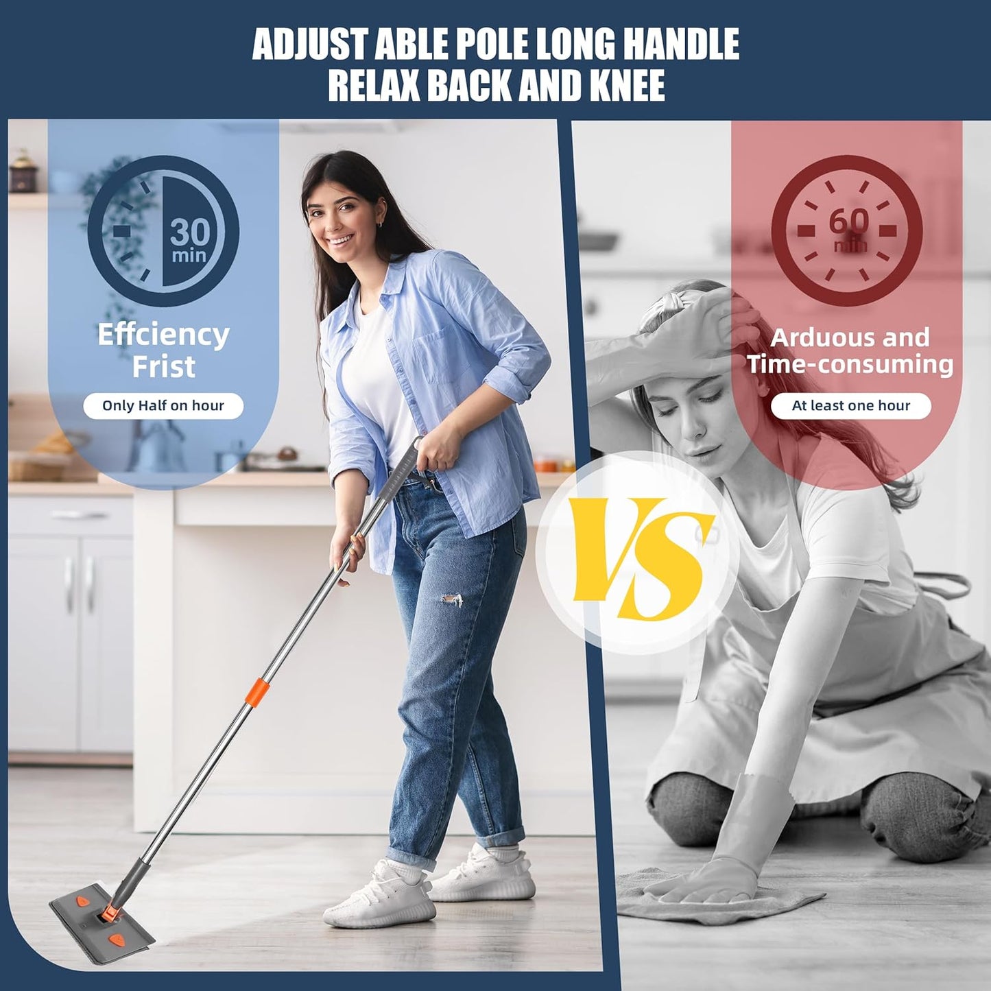 NexaGlow Baseboard Cleaner Tool with Handle | 3-in-1 Adjustable Cleaning Mop with Microfiber Pads & Gloves | 180° Wall Mop Cleaner with 66" Long Handle for Walls, Windows, Floors & Baseboards