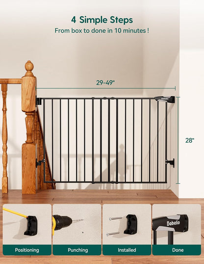 Babelio Baby Gate for Stairs, Kitchen & Doorways, No Bottom Bar| One-Handed Operation| Auto-Close| Hardware Mount (Drill Needed) Safety Dog/Pet Gate (Black - B17, 26-43" W, 28" H)