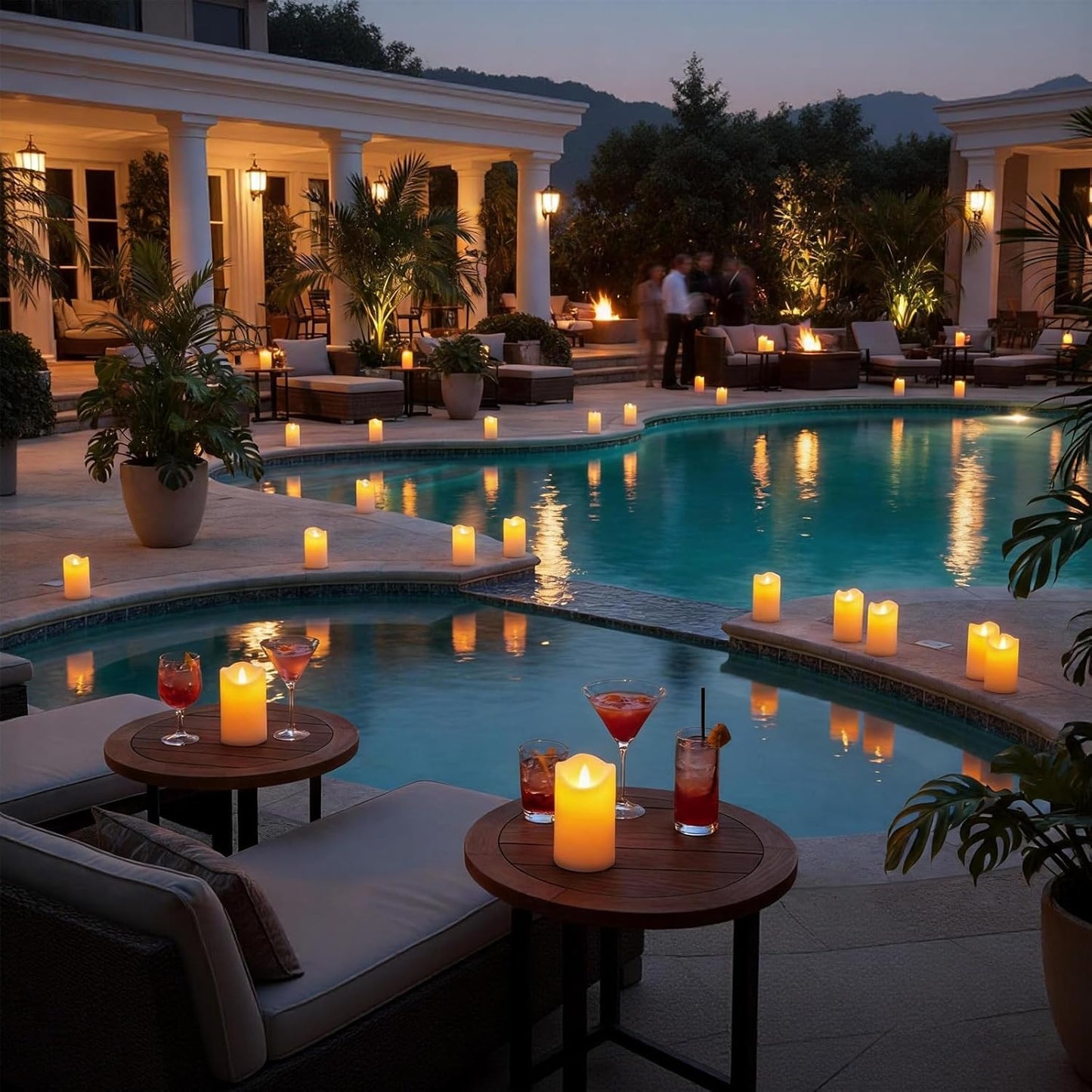 Outdoor Indoor Flameless Candles, Patented 3D Dual-LED, Set of 6 Slanted Top Durable Plastic Pillars with 2 Remotes & Timer, Non-Melting Waterproof Battery Candles for Patio Garden (Ivory)