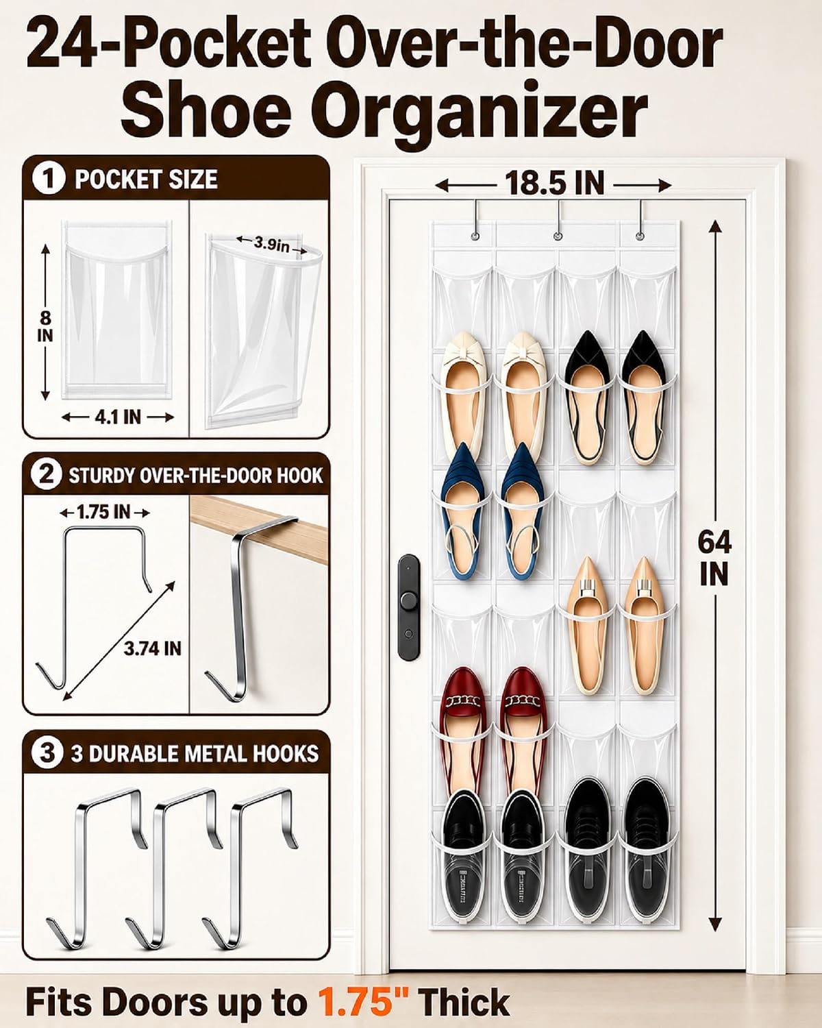Over the Door Shoe Organizer with 24 Crystal Clear Pockets and Metal Hooks – Heavy Duty Hanging Shoe Storage Rack for Closet, Bathroom, Dorm – Space Saving for Shoes, Accessories, Toys (White)