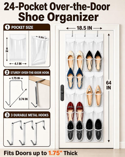 Over the Door Shoe Organizer with 24 Crystal Clear Pockets and Metal Hooks – Heavy Duty Hanging Shoe Storage Rack for Closet, Bathroom, Dorm – Space Saving for Shoes, Accessories, Toys (White)