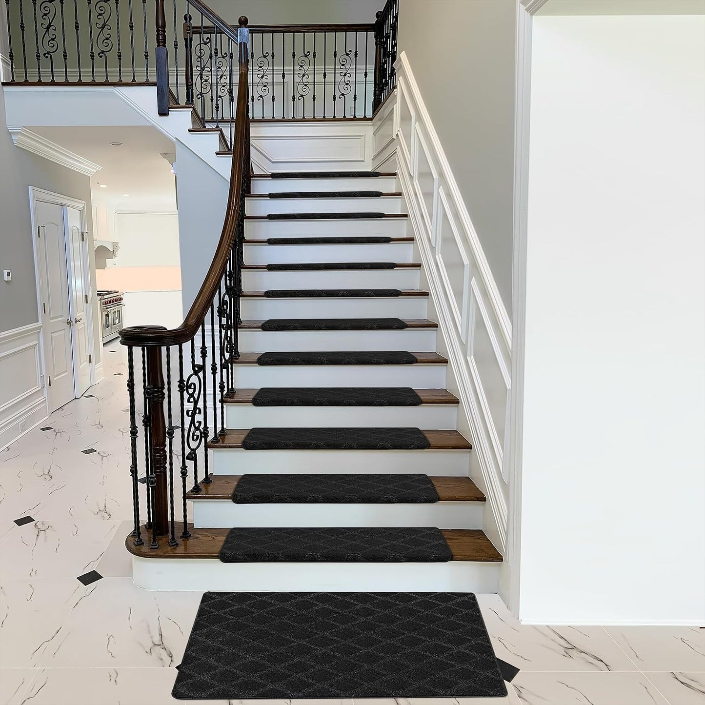 PURE ERA Carpet Stair Treads Tape Free Non Slip Indoor Stair Carpet Stair Protectors Pet-Friendly Non-Slip Skid Resistant Washable Reusable 8" x 30"(2 Pieces,Black)