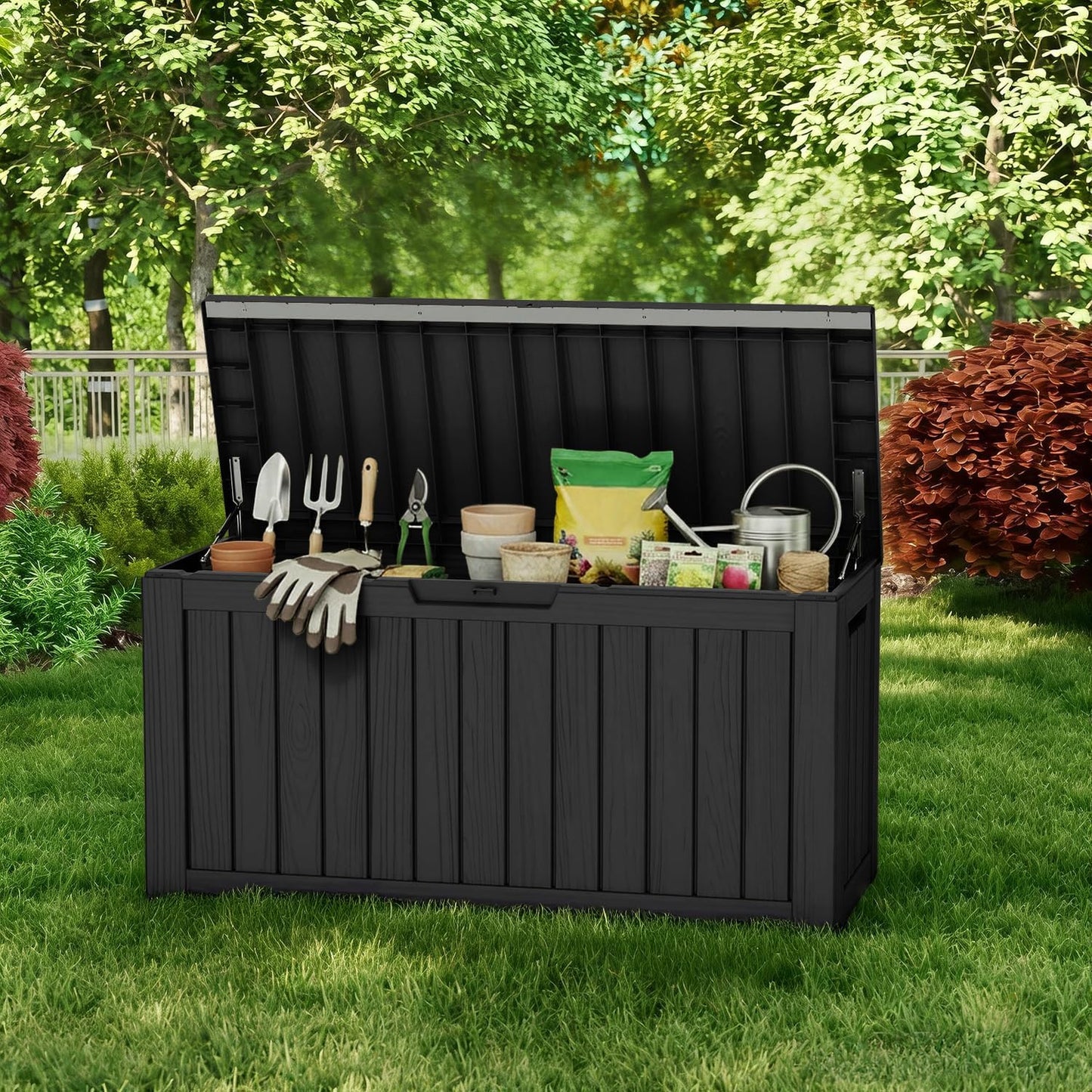 230 Gallon Large Outdoor Storage Box Waterproof, UV Resistant Resin Deck Box with Hydraulic Rod & Lockable Latch for Patio Furniture, Outside Storage Box for Garden Tools, Patio Cushions, Black