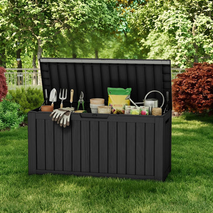 230 Gallon Large Outdoor Storage Box Waterproof, UV Resistant Resin Deck Box with Hydraulic Rod & Lockable Latch for Patio Furniture, Outside Storage Box for Garden Tools, Patio Cushions, Black