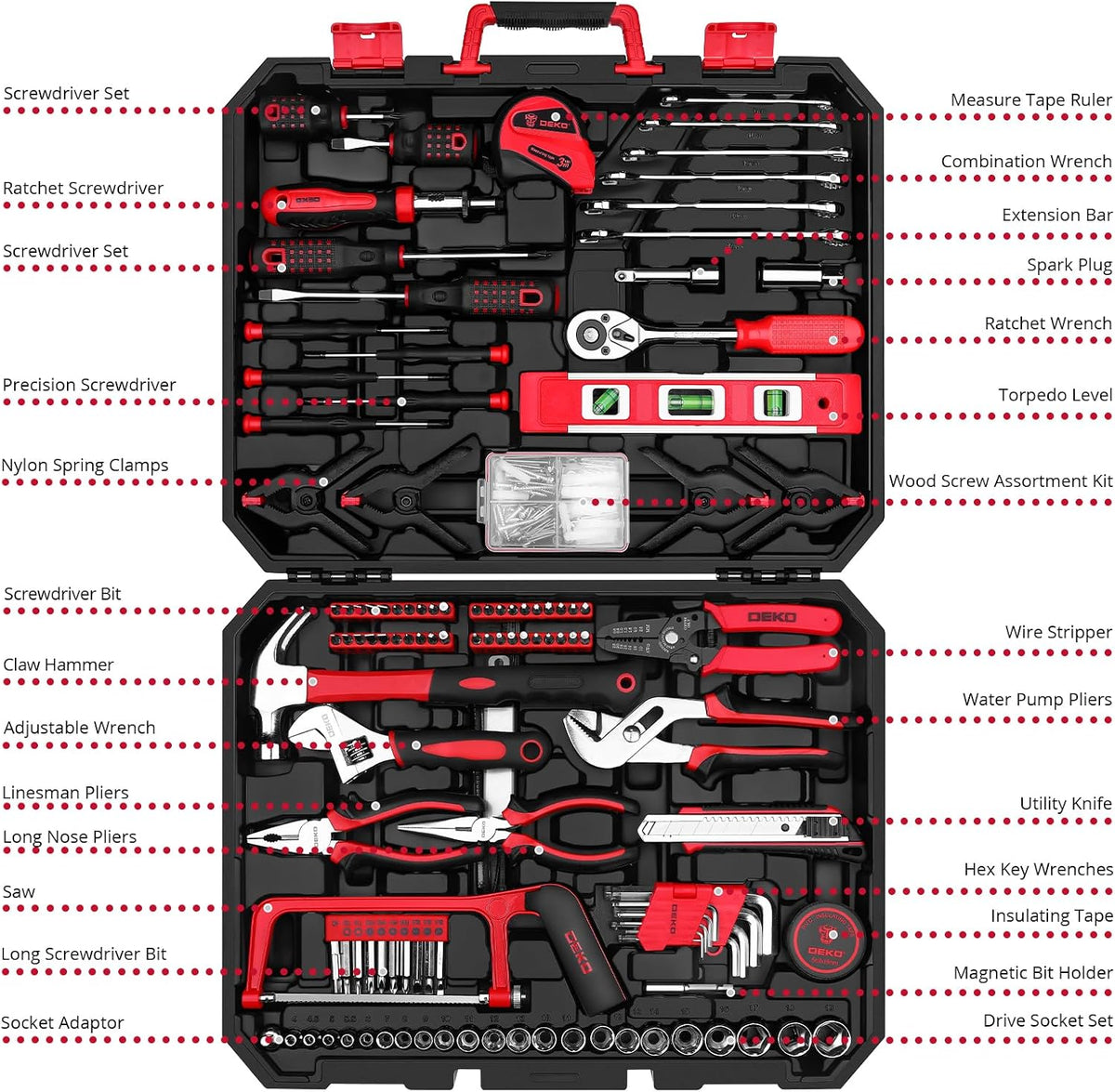 DEKOPRO 228 Piece Socket Wrench Auto Repair Tool Combination Package Mixed Tool Set Hand Tool Kit with Plastic Toolbox Storage Case