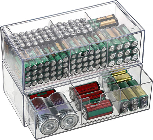 BTSKY 3 Pack Clear Acrylic Battery Storage Organizer for AA, AAA, 9V, C, D Batteries, 3-Drawer Storage Box Battery Holder for Common Types Batteries, Household Container(Batteries Not Included)