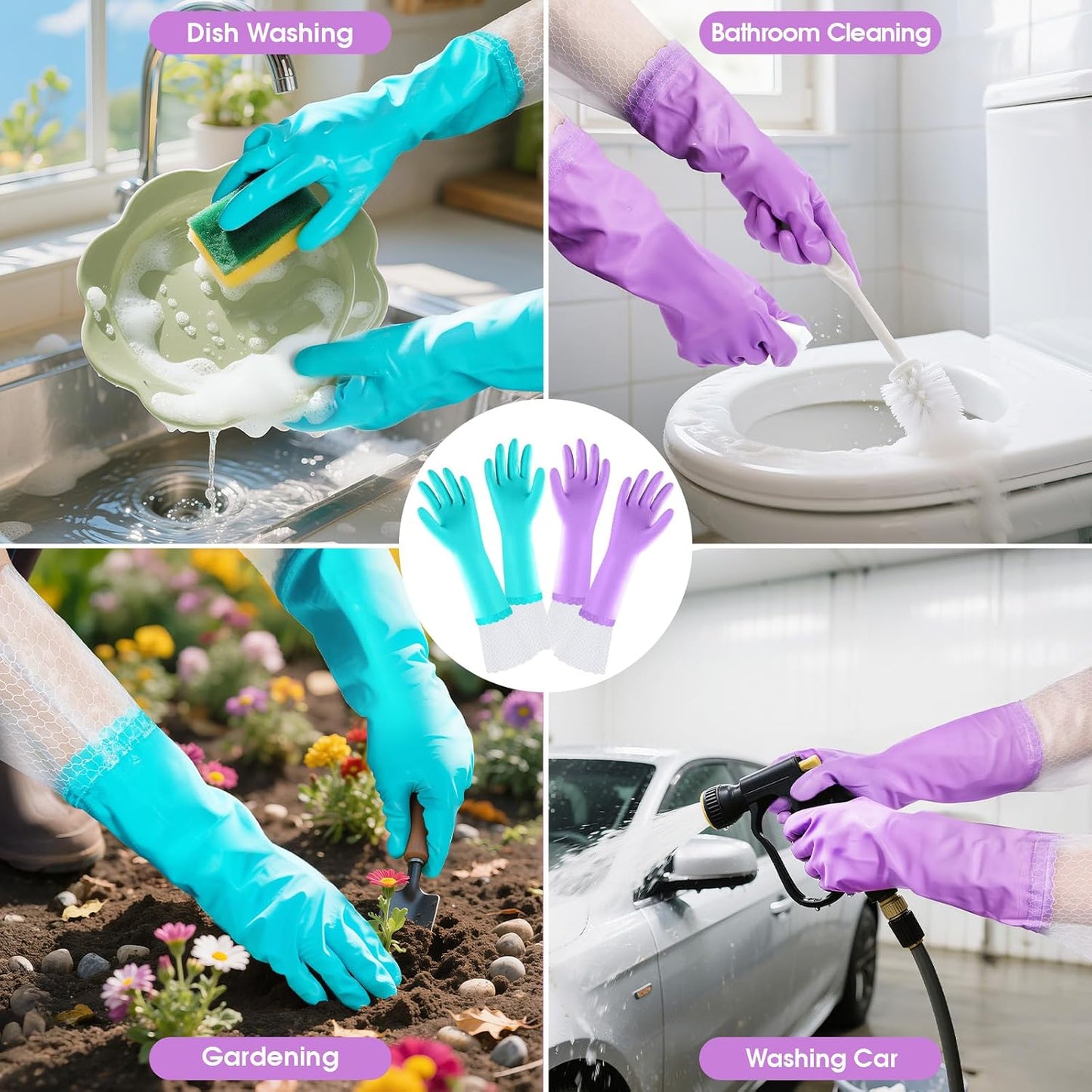 Elgood Reusable Long Sleeve Dishwashing Cleaning Gloves with Latex Free,Cotton Lining,Kitchen Gloves 2 Pairs,Purple+Blue M