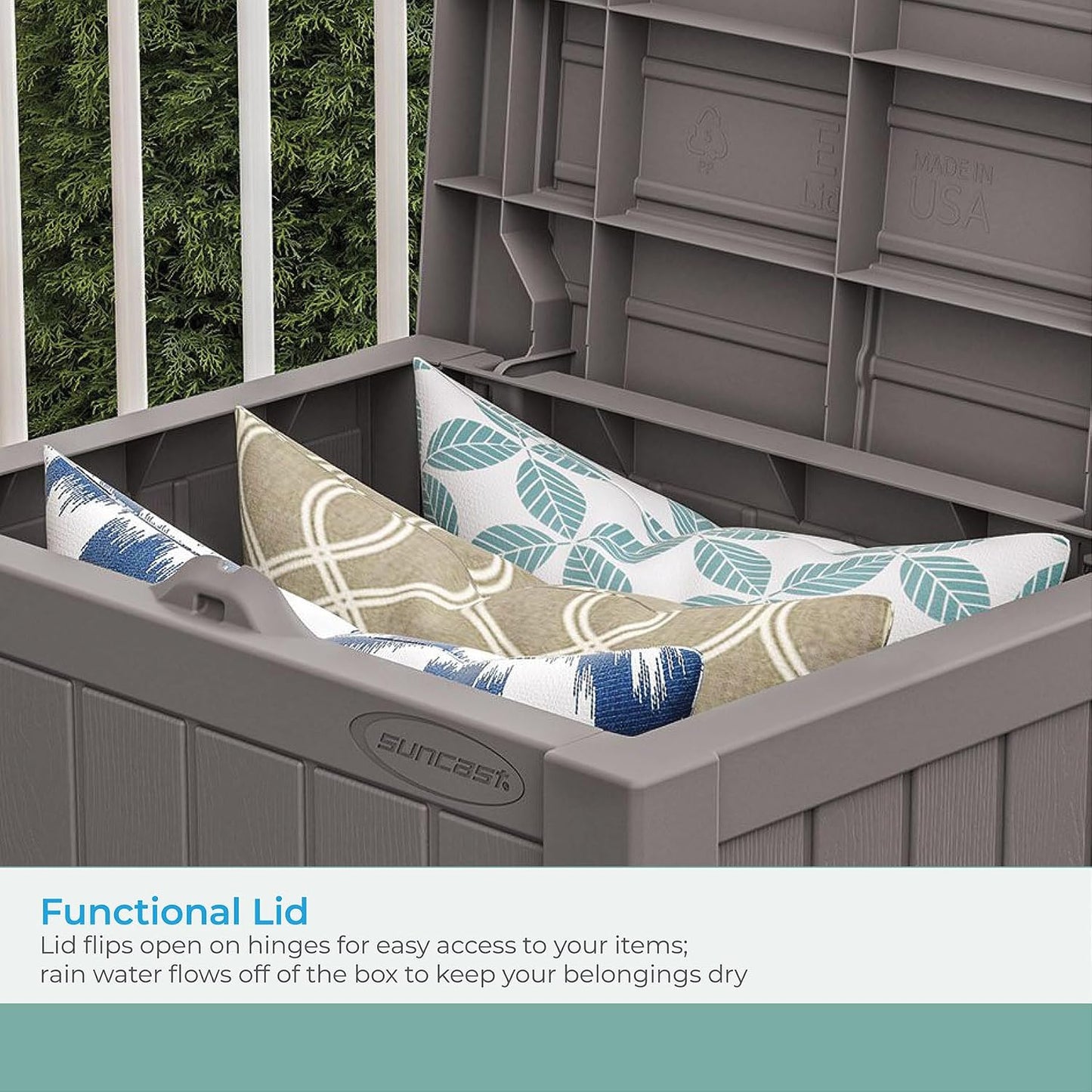 Suncast 22-Gallon Small Deck Box - Lightweight Resin Indoor/Outdoor Storage Container and Seat for Patio Cushions and Gardening Tools - Store Items on Patio, Garage, Yard - Stone Gray, Made in the USA
