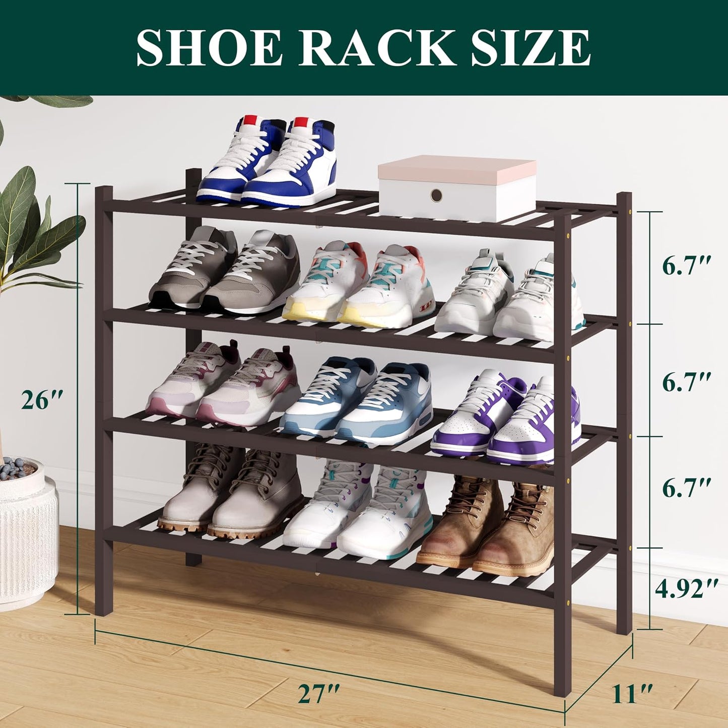 Smiry Bamboo Shoe Rack for Closet, 3 Tier Wooden Shoe Organizer, Stackable Wood Shoe Storage Shelf for Entryway, 14 Vertical Slats, One-piece Heavy-Duty Legs, 26.77"x11.02"x18.31", Natural